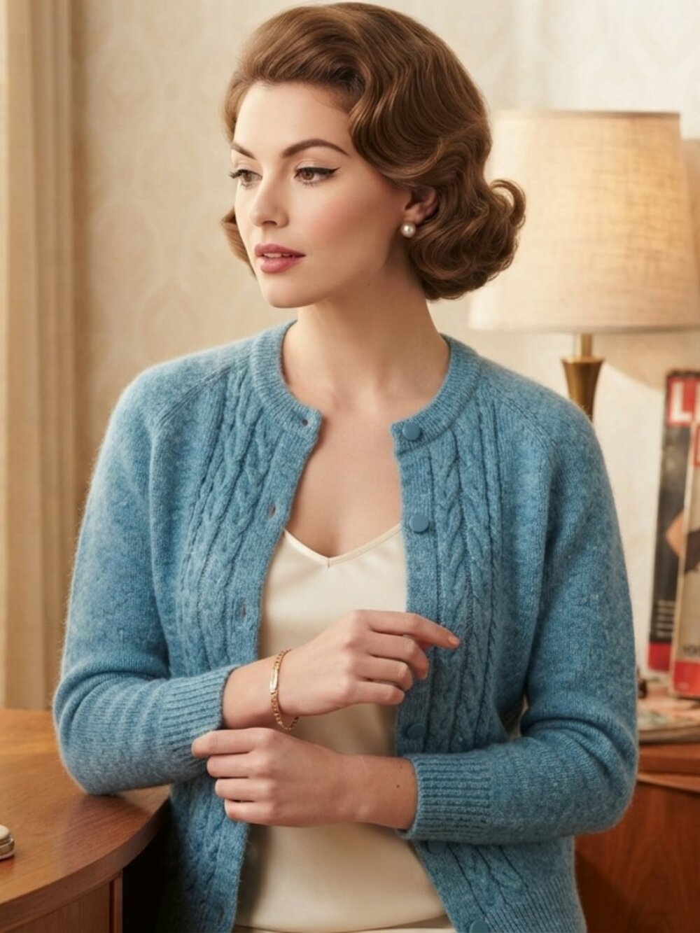 Vintage Handmade by Lois Shetland Wool Cable Knit Cardigan Light Blue Medium